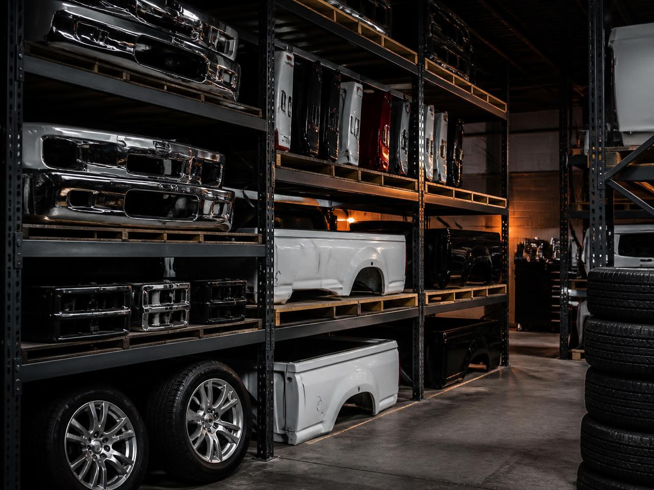 Shelves of new take-off truck parts in the warehouse
